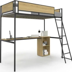 Lit simple mezzanine 90x190cm avec bureau et rangements style industriel*IDMarket Best