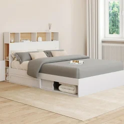 Lit 140x190 avec rangements blanc et hêtre et tête de lit*IDMarket Best