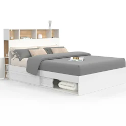 Lit 140x190 avec rangements blanc et hêtre et tête de lit*IDMarket Best
