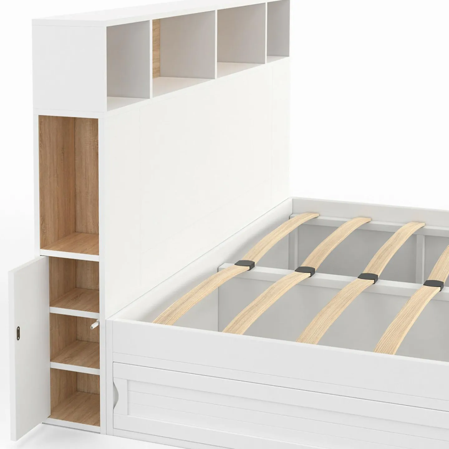 Lit 140x190 avec rangements blanc et hêtre et tête de lit*IDMarket Best