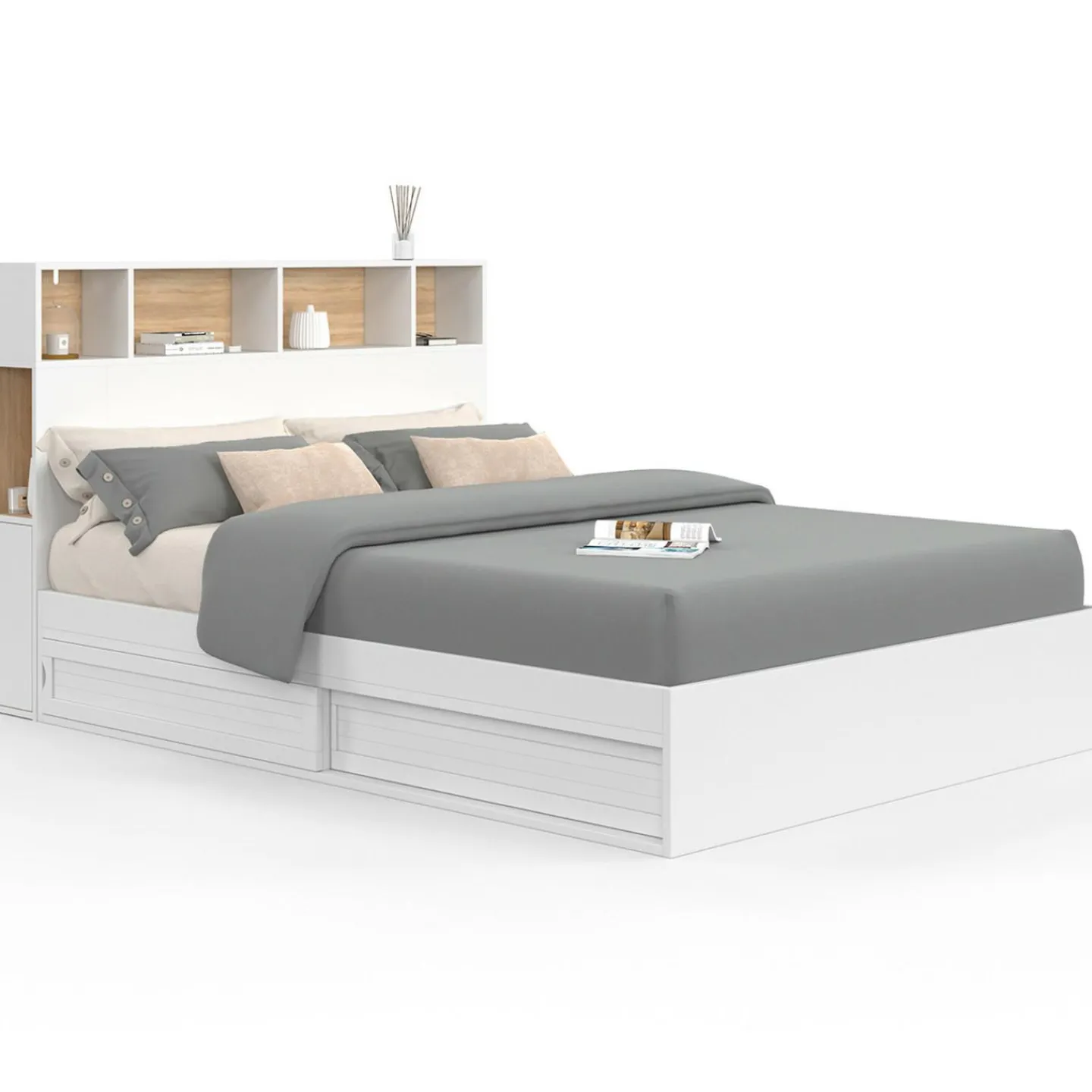 Lit 140x190 avec rangements blanc et hêtre et tête de lit*IDMarket Best