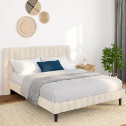 Lit 140x190 cm avec tête de lit et sommier en velours beige*IDMarket