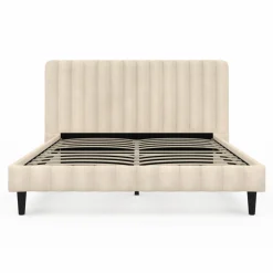 Lit 140x190 cm avec tête de lit et sommier en velours beige*IDMarket