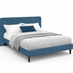 Lit 140x190 cm velours bleu avec tête de lit et sommier*IDMarket Best