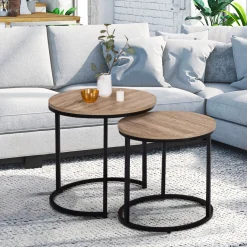 Lot 2 tables basses gigognes rondes bois métal industrielles 40/45 cm*IDMarket Best