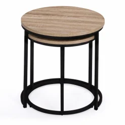 Lot 2 tables basses gigognes rondes bois métal industrielles 40/45 cm*IDMarket Best