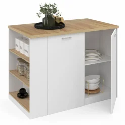 Îlot central blanc et bois avec plan de travail façon hêtre*IDMarket New