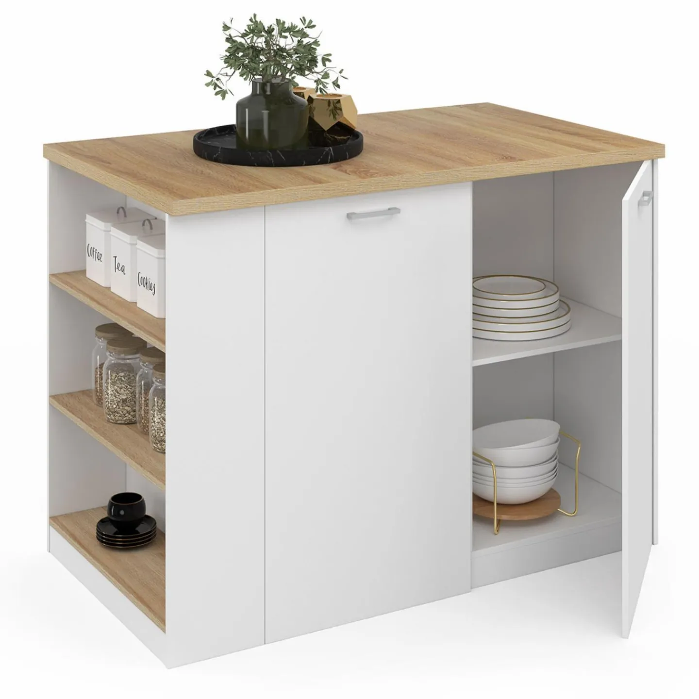 Îlot central blanc et bois avec plan de travail façon hêtre*IDMarket New