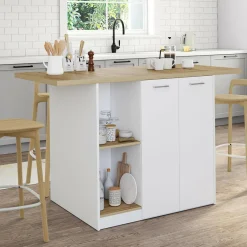 Îlot central bois blanc avec plan de travail façon hêtre 140 cm 4 personnes avec rangement*IDMarket Sale