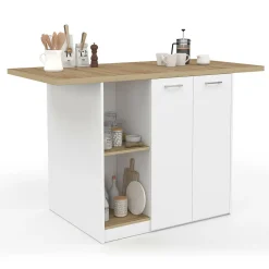 Îlot central bois blanc avec plan de travail façon hêtre 140 cm 4 personnes avec rangement*IDMarket Sale