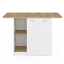 Îlot central bois blanc avec plan de travail façon hêtre 140 cm 4 personnes avec rangement*IDMarket Sale