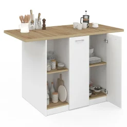 Îlot central bois blanc avec plan de travail façon hêtre 140 cm 4 personnes avec rangement*IDMarket Sale