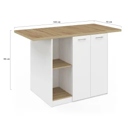 Îlot central bois blanc avec plan de travail façon hêtre 140 cm 4 personnes avec rangement*IDMarket Sale