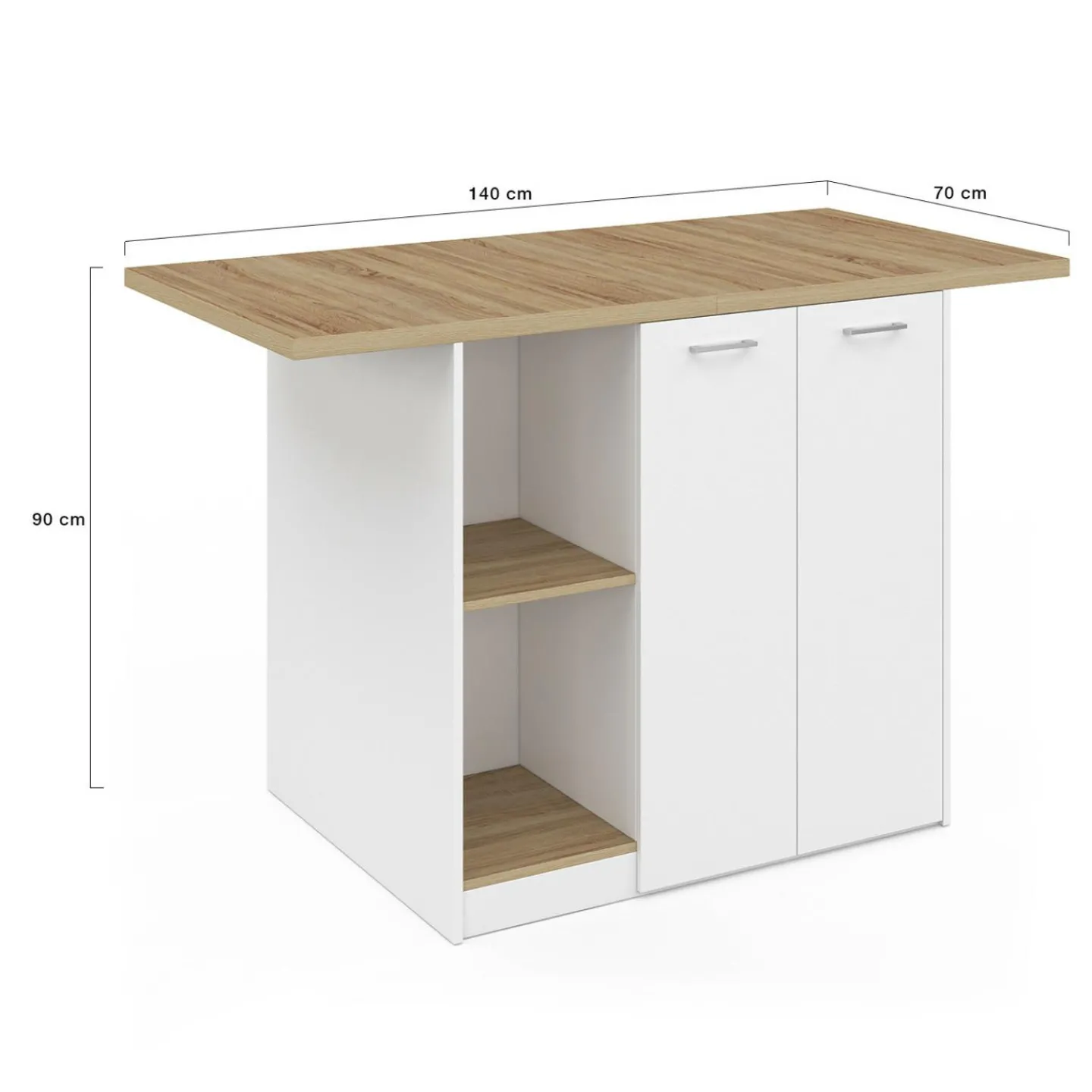 Îlot central bois blanc avec plan de travail façon hêtre 140 cm 4 personnes avec rangement*IDMarket Sale
