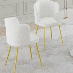 Lot de 2 chaises bouclette blanche, dossier coquillage, pieds dorés*IDMarket Online