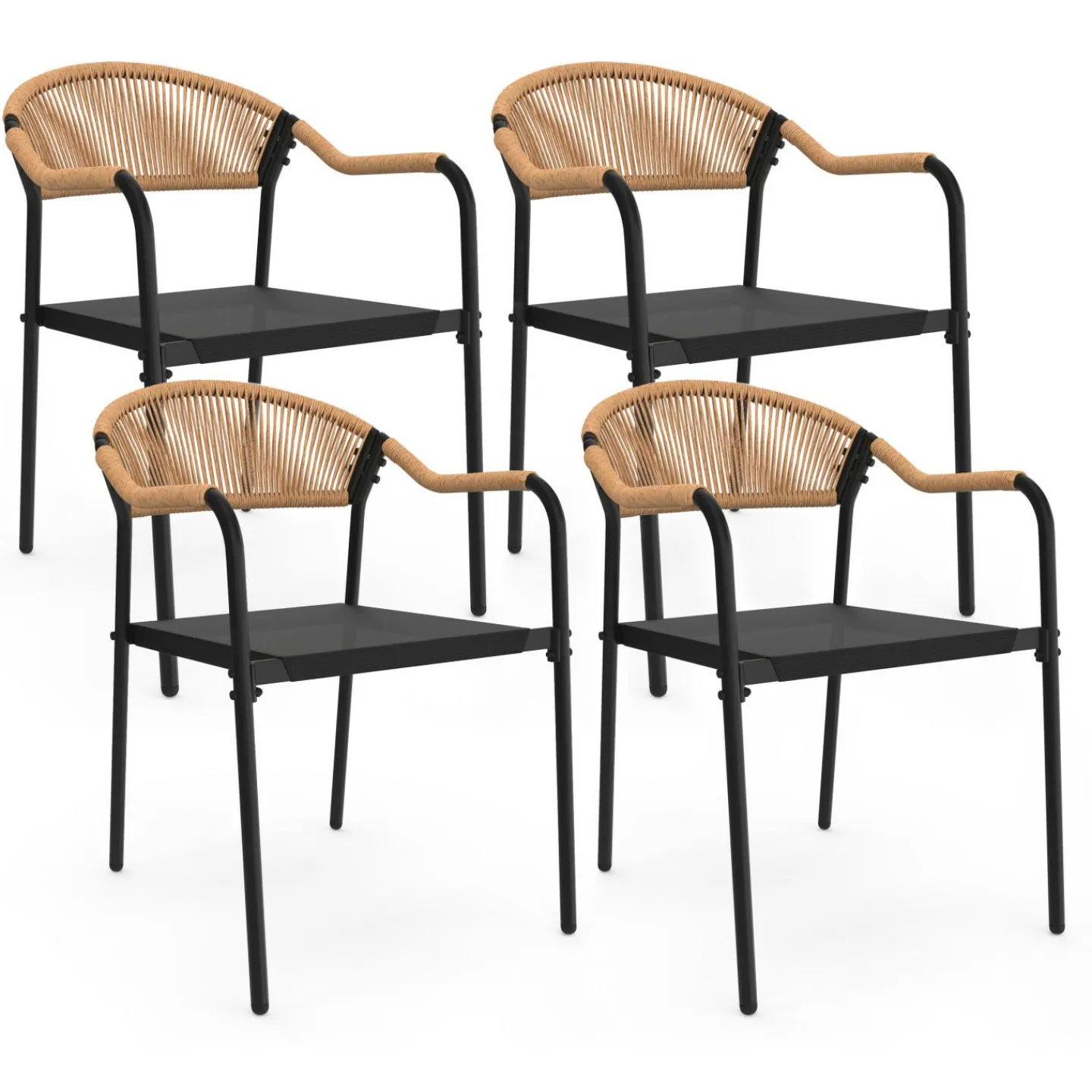 Lot de 4 chaises de jardin extérieures en métal, en cordage, en textilène et rotin clair*IDMarket Best