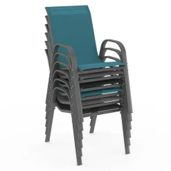 Lot de 6 chaises de jardin empilables en métal gris, noir et bleu et textilène*IDMarket New