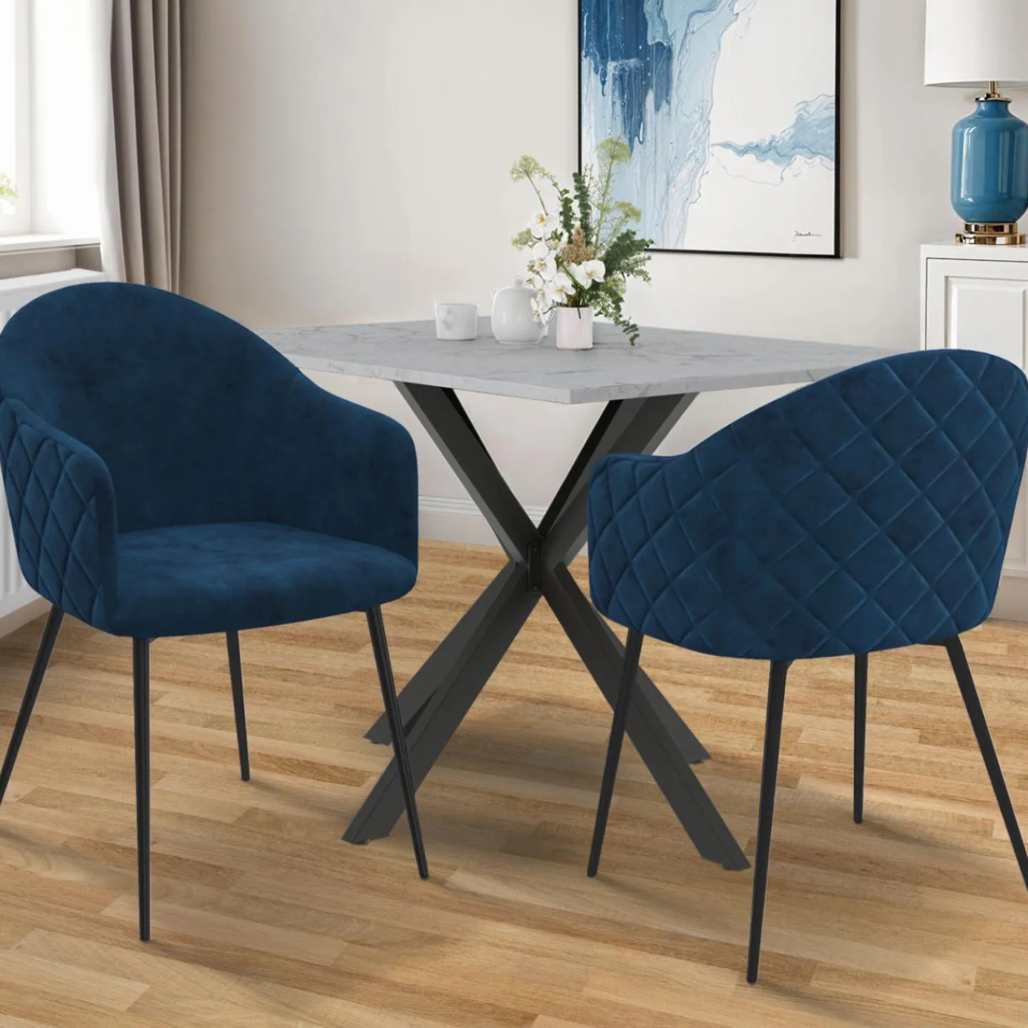 Lot de 2 chaises de salle à manger design en velours bleu canard*IDMarket New