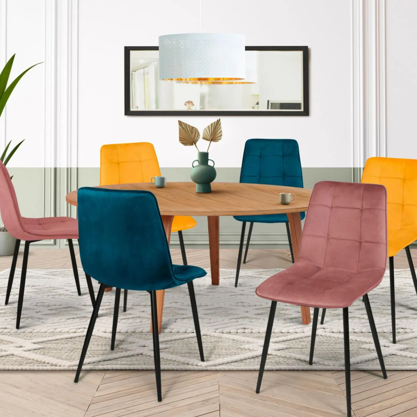 Lot de 6 chaises en velours mix color bleu x2, jaune ocre x2, rose x2*IDMarket Online