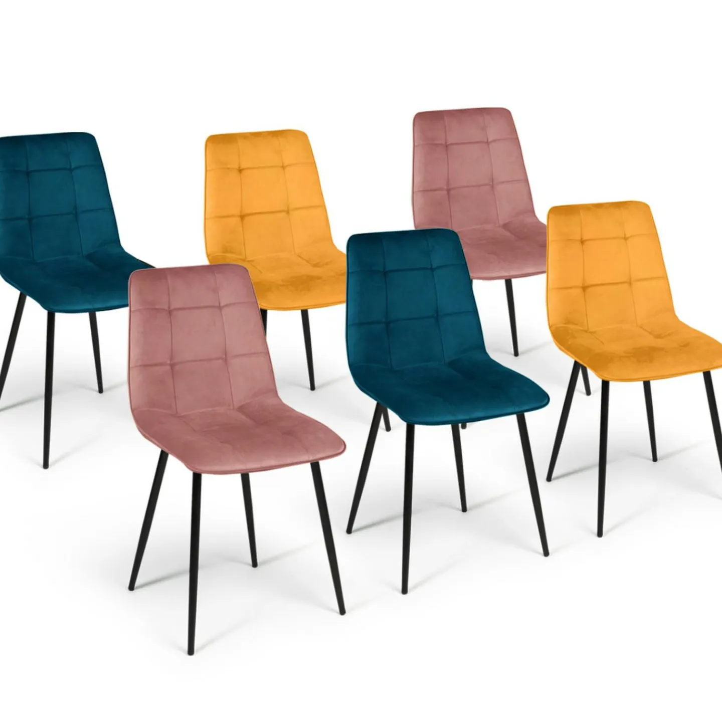 Lot de 6 chaises en velours mix color bleu x2, jaune ocre x2, rose x2*IDMarket Online