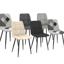 Lot de 6 chaises en velours gris foncé, gris clair, beige, noir et patchworks x2 pour salle à manger*IDMarket Clearance
