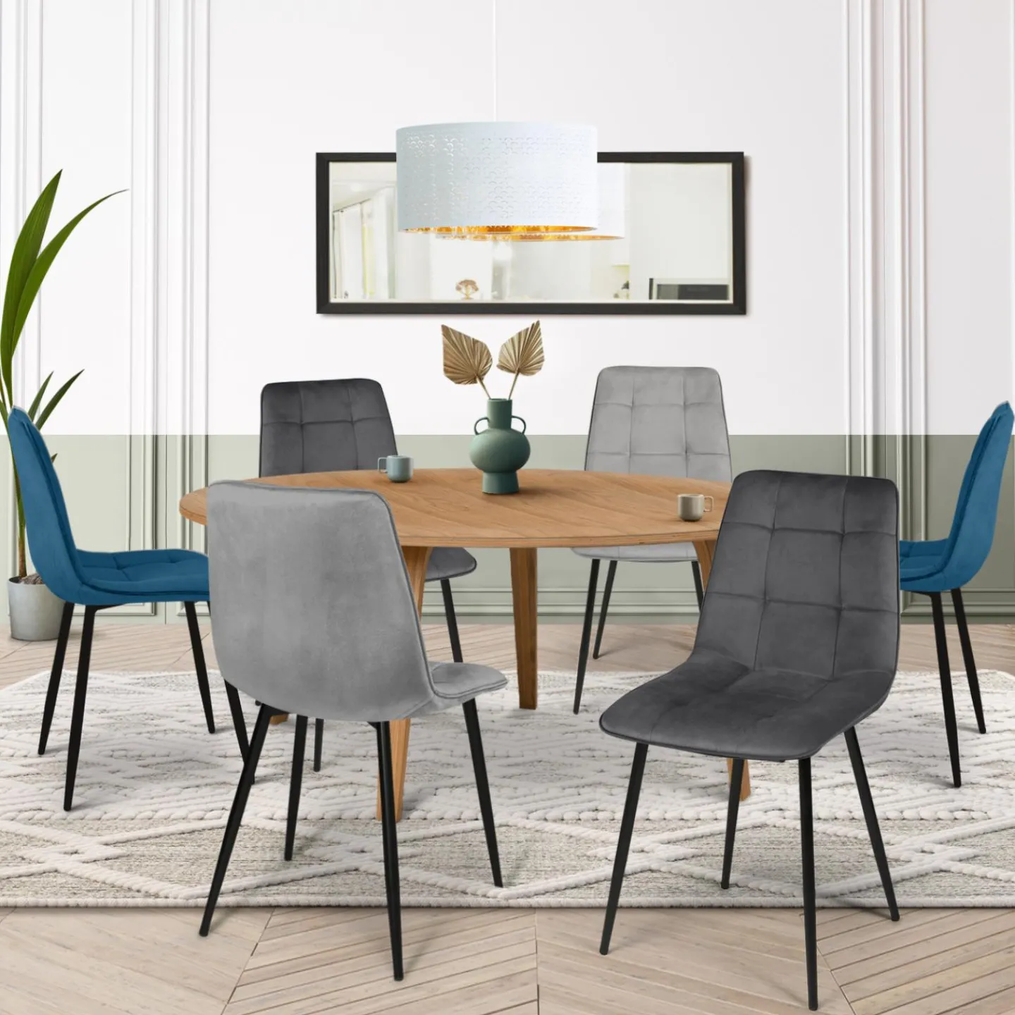 Lot de 6 chaises en velours mix color bleu et gris matelassées*IDMarket Best