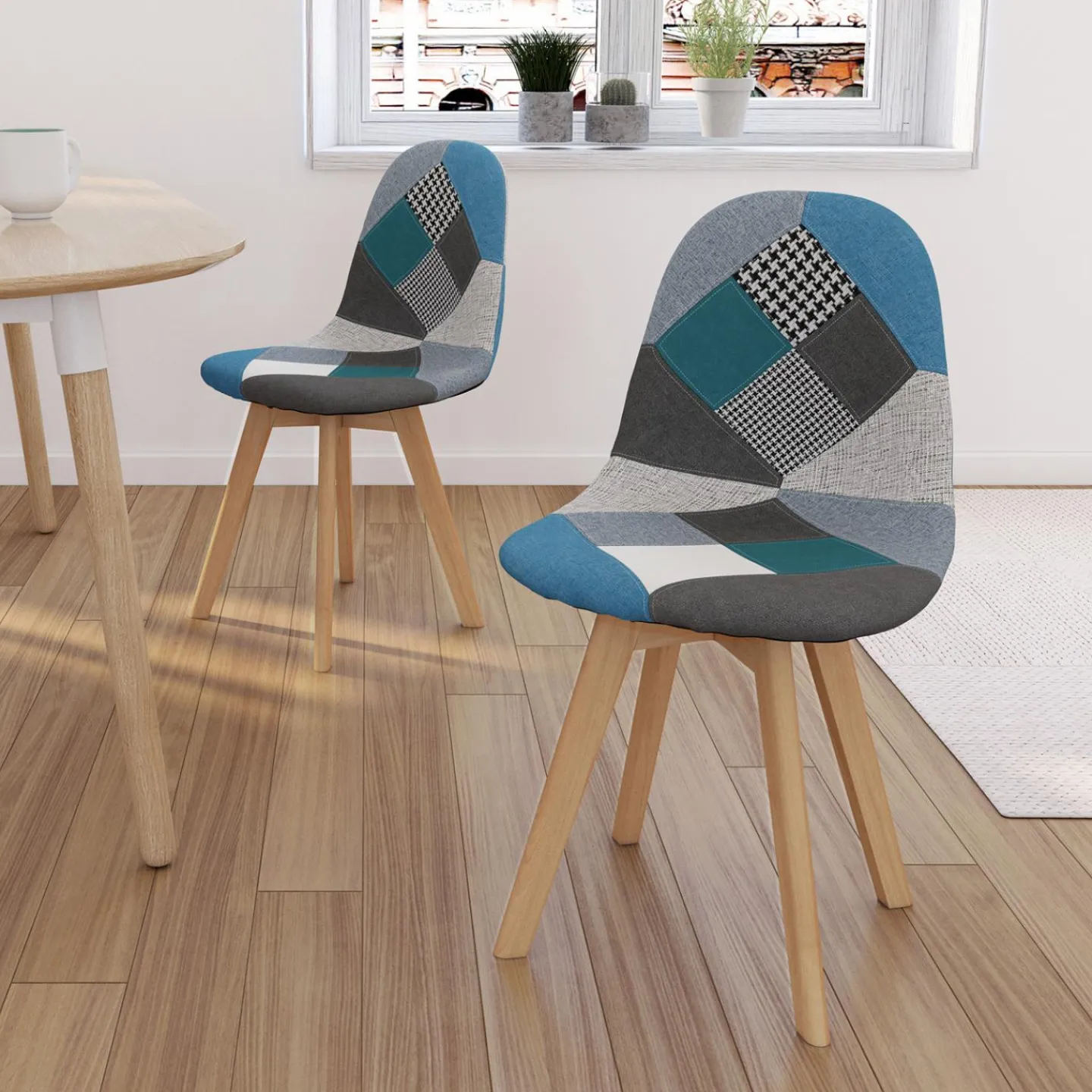 Lot de 2 chaises scandinaves patchworks bleus*IDMarket Hot