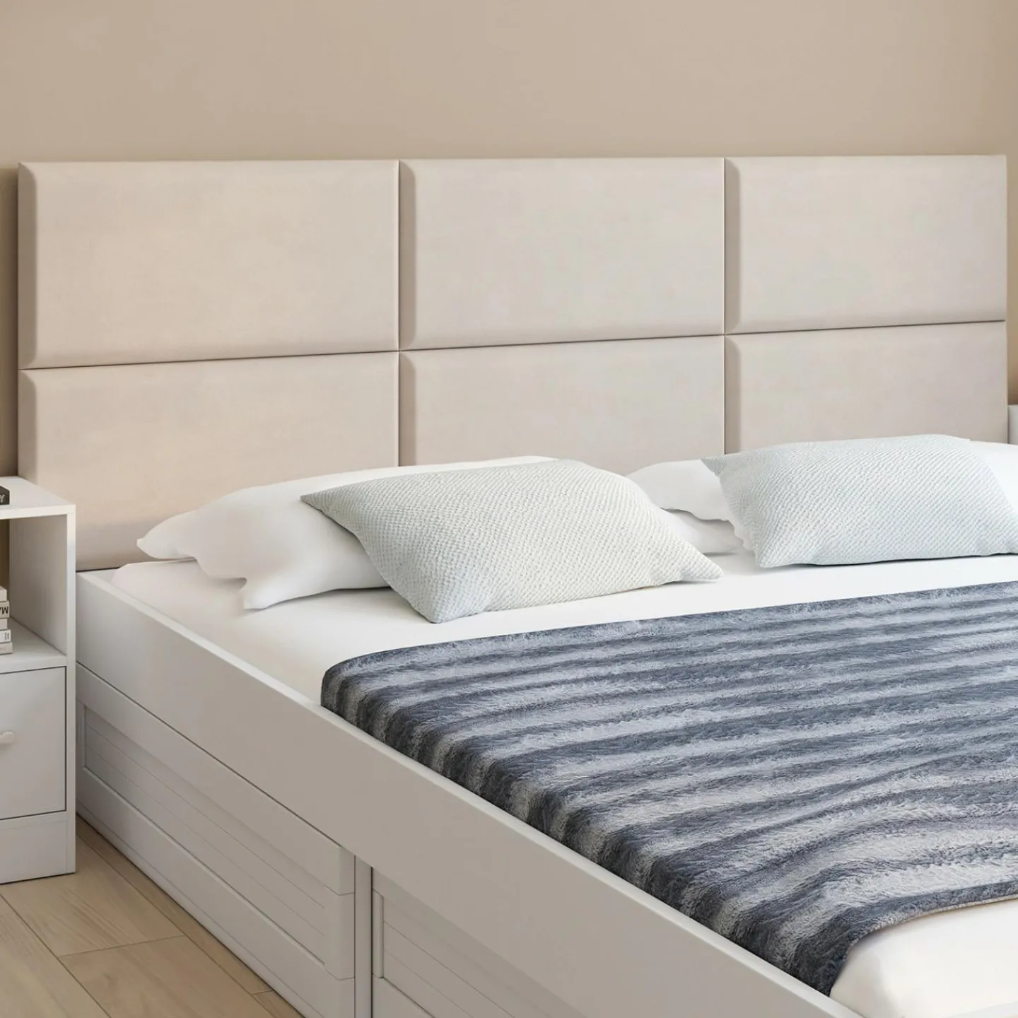 Lot de 6 panneaux muraux pour tête de lit 180 cm en tissu effet suédé beige*IDMarket Sale