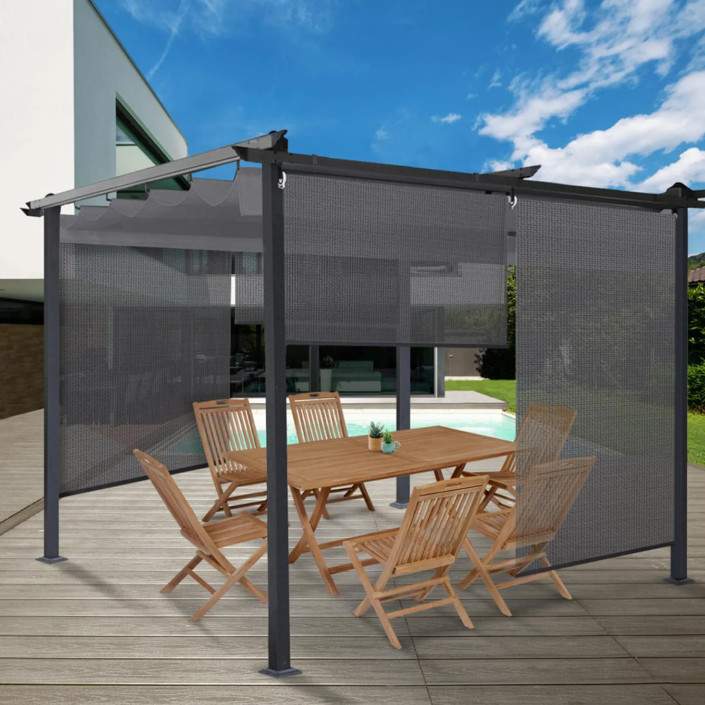 Lot de 2 stores enrouleurs tamisants L.124 x H. 225 CM pour pergola gris anthracite*IDMarket Sale