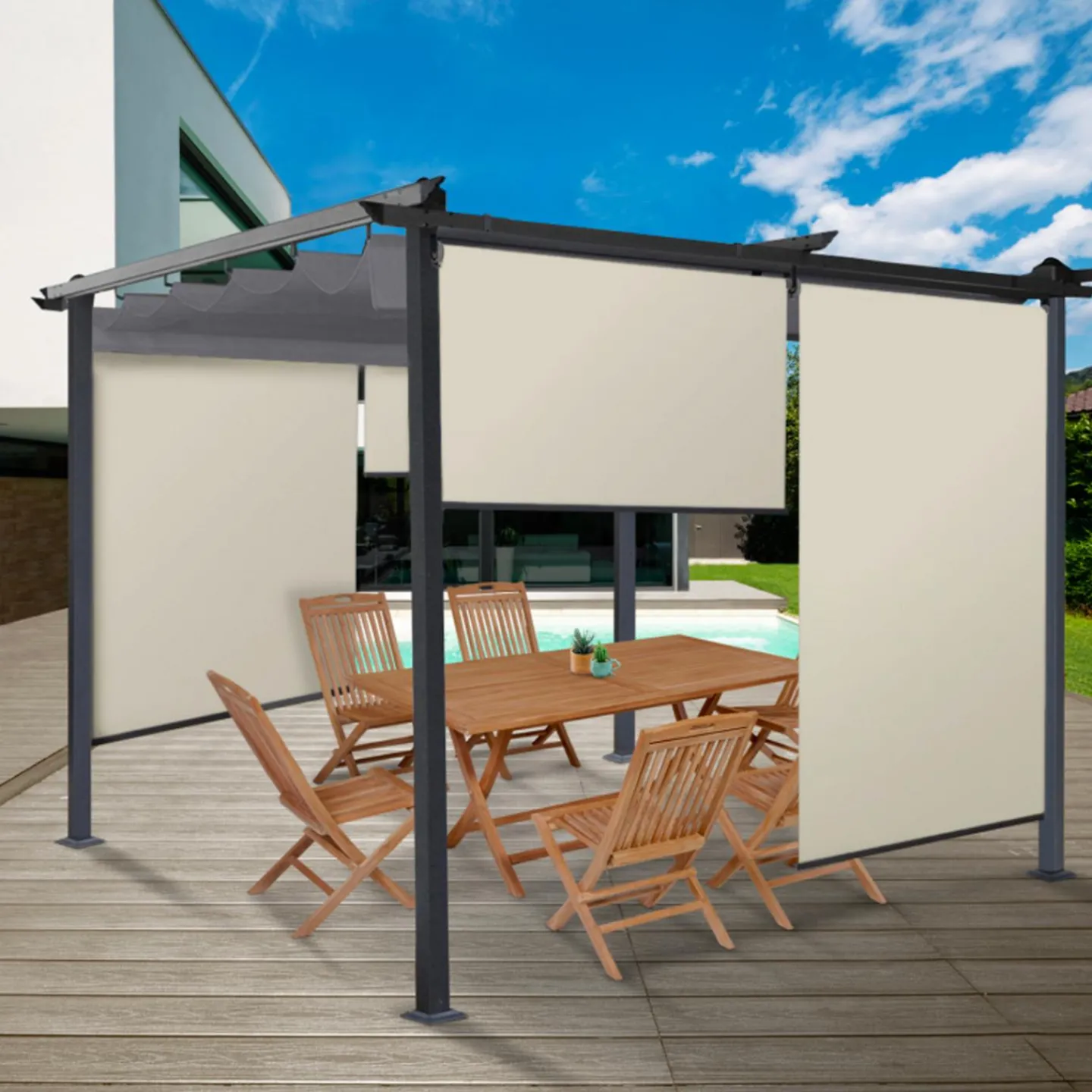 Lot de 3 stores enrouleurs écru pour pergola*IDMarket New