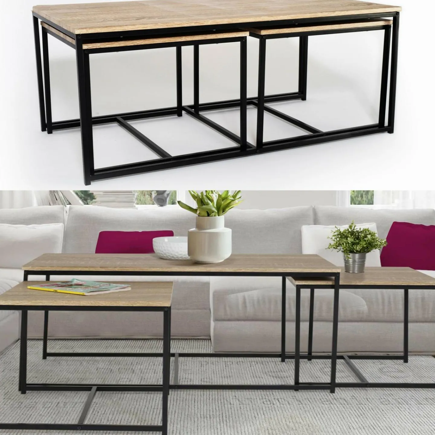 Lot de 3 tables basses de salon gigognes industrielles*IDMarket Hot