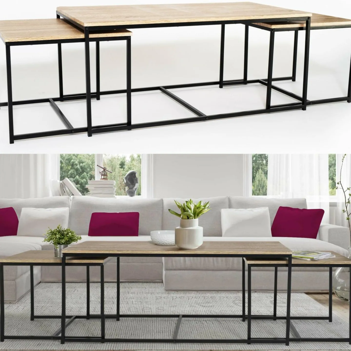 Lot de 3 tables basses de salon gigognes industrielles*IDMarket Hot
