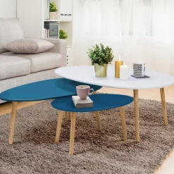 Lot de 3 tables basses de salon gigognes scandinaves laquées blanches et bleues*IDMarket Discount