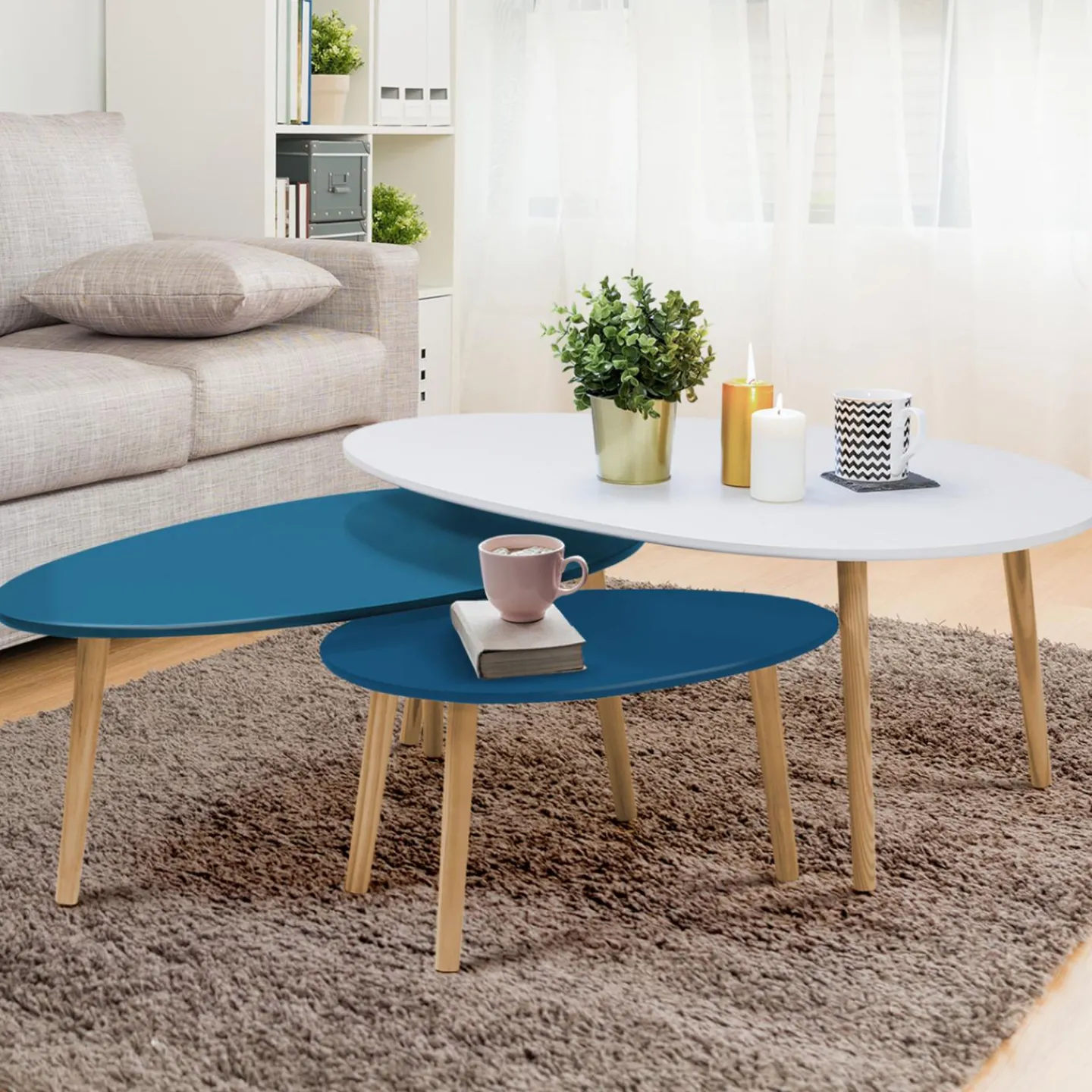 Lot de 3 tables basses de salon gigognes scandinaves laquées blanches et bleues*IDMarket Discount