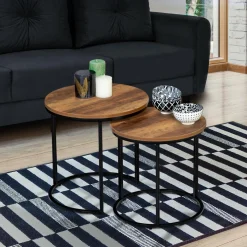 Lot de 2 tables basses gigognes rondes style industriel bois foncé*IDMarket Sale