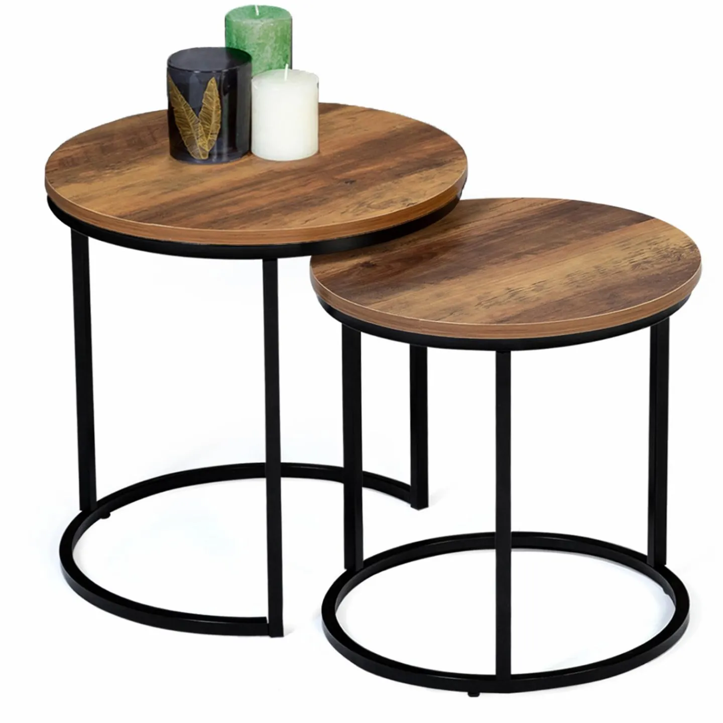 Lot de 2 tables basses gigognes rondes style industriel bois foncé*IDMarket Sale