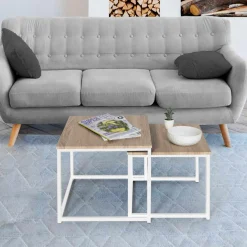 Lot de 2 tables basses gigognes bois et métal blanc*IDMarket