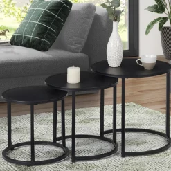 Lot de 3 tables basses gigognes rondes 35/40/45 style industriel en métal noir mat*IDMarket Hot