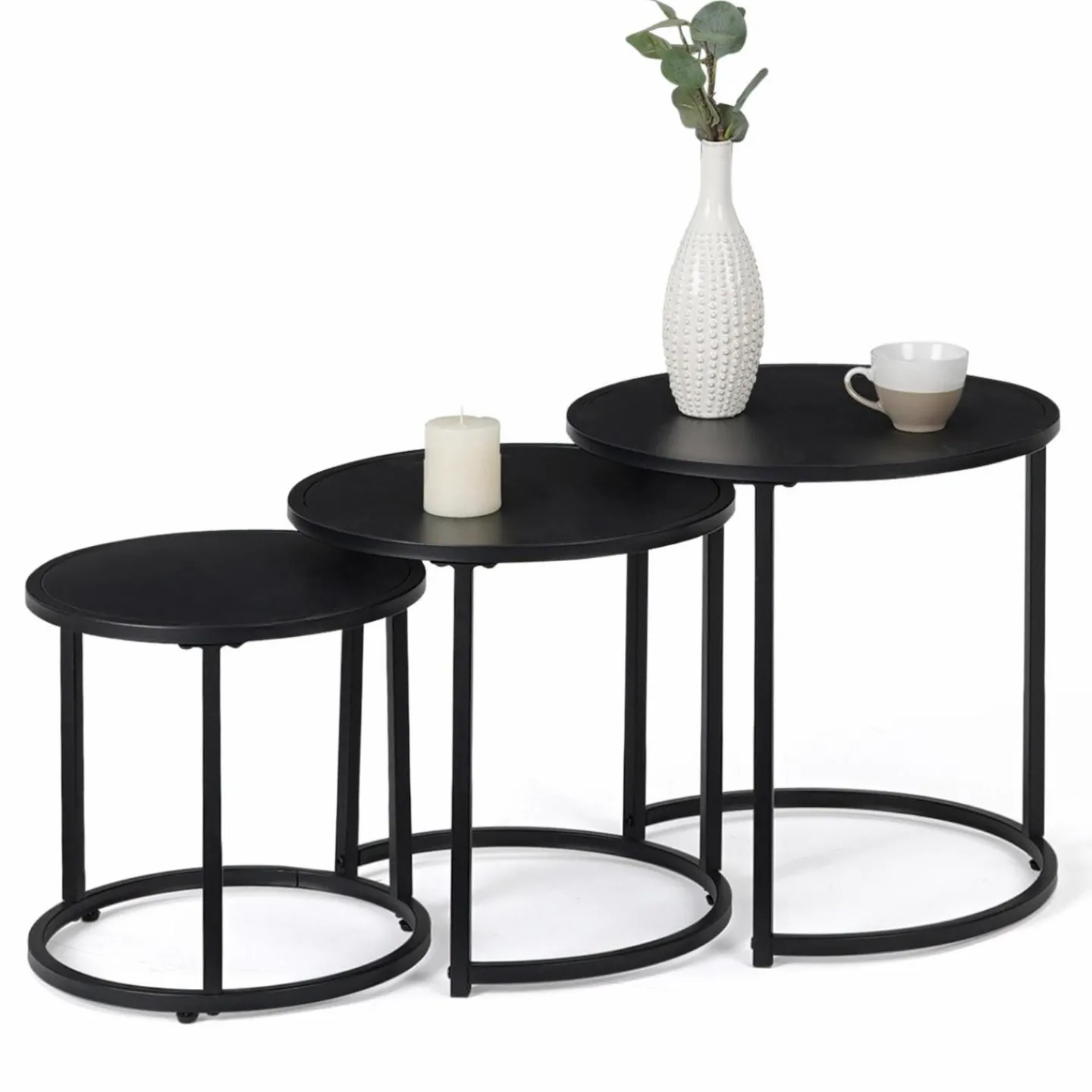 Lot de 3 tables basses gigognes rondes 35/40/45 style industriel en métal noir mat*IDMarket Hot