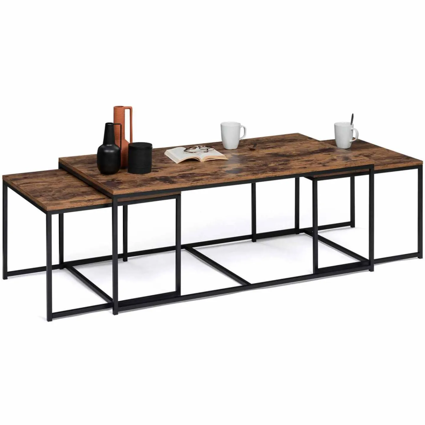 Lot de 3 tables basses gigognes industrielles effet bois vieilli*IDMarket Discount