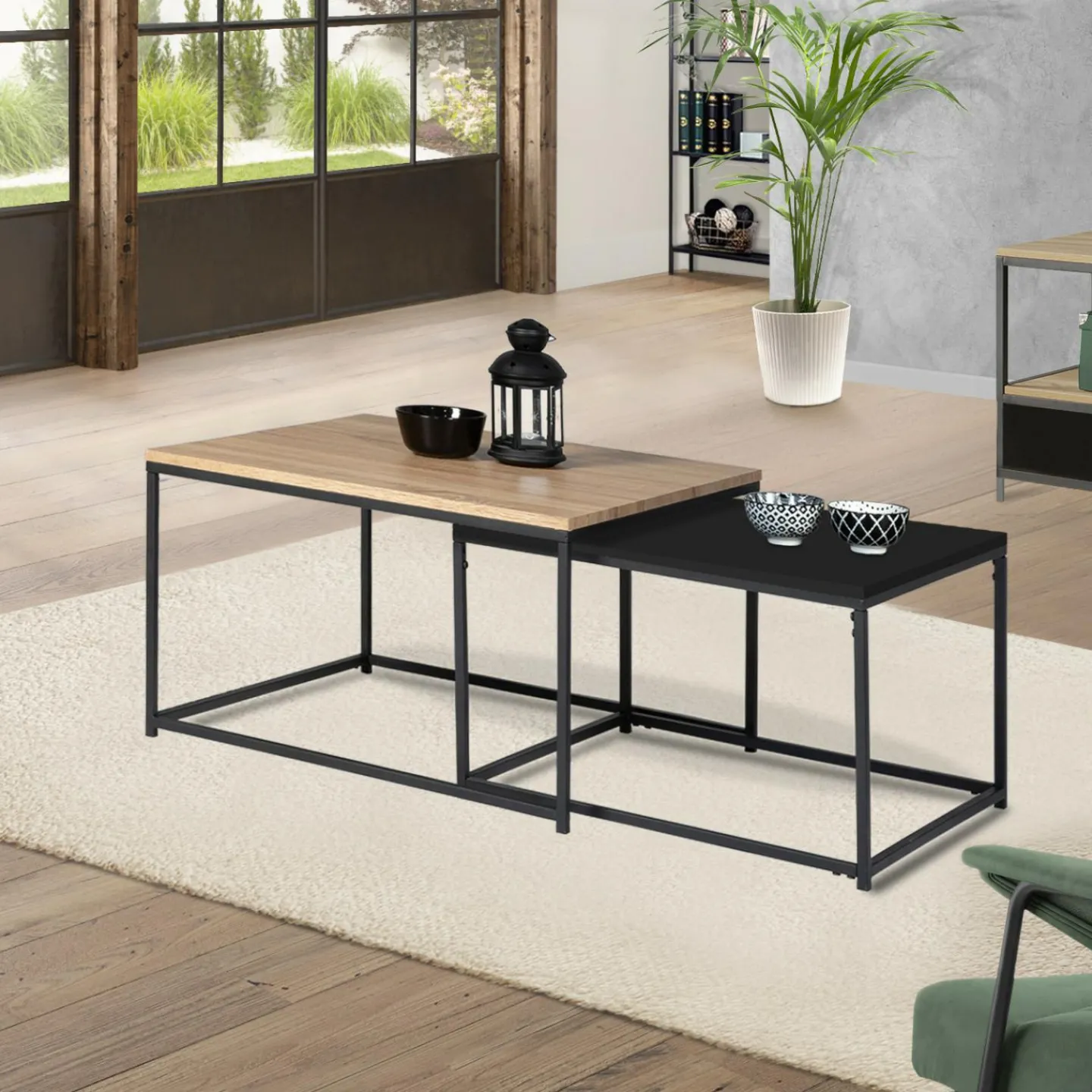 Lot de 2 tables basses gigognes industrielles métal noir 60 cm et 70 cm*IDMarket Hot