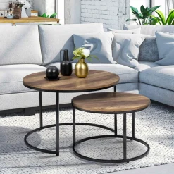 Lot de 2 tables basses gigognes rondes bois foncé et métal*IDMarket Best