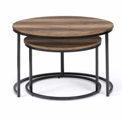 Lot de 2 tables basses gigognes rondes bois foncé et métal*IDMarket Best