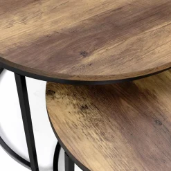 Lot de 2 tables basses gigognes rondes bois foncé et métal*IDMarket Best