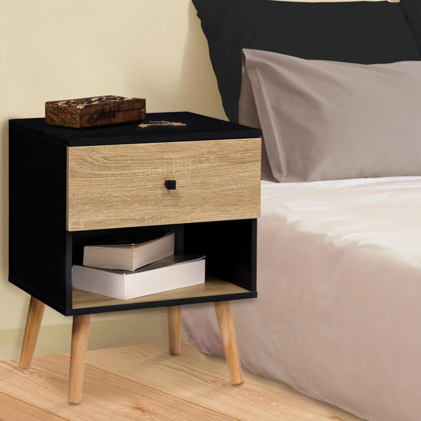 Lot de 2 tables de chevet scandinaves bois et noir 1 tiroir*IDMarket