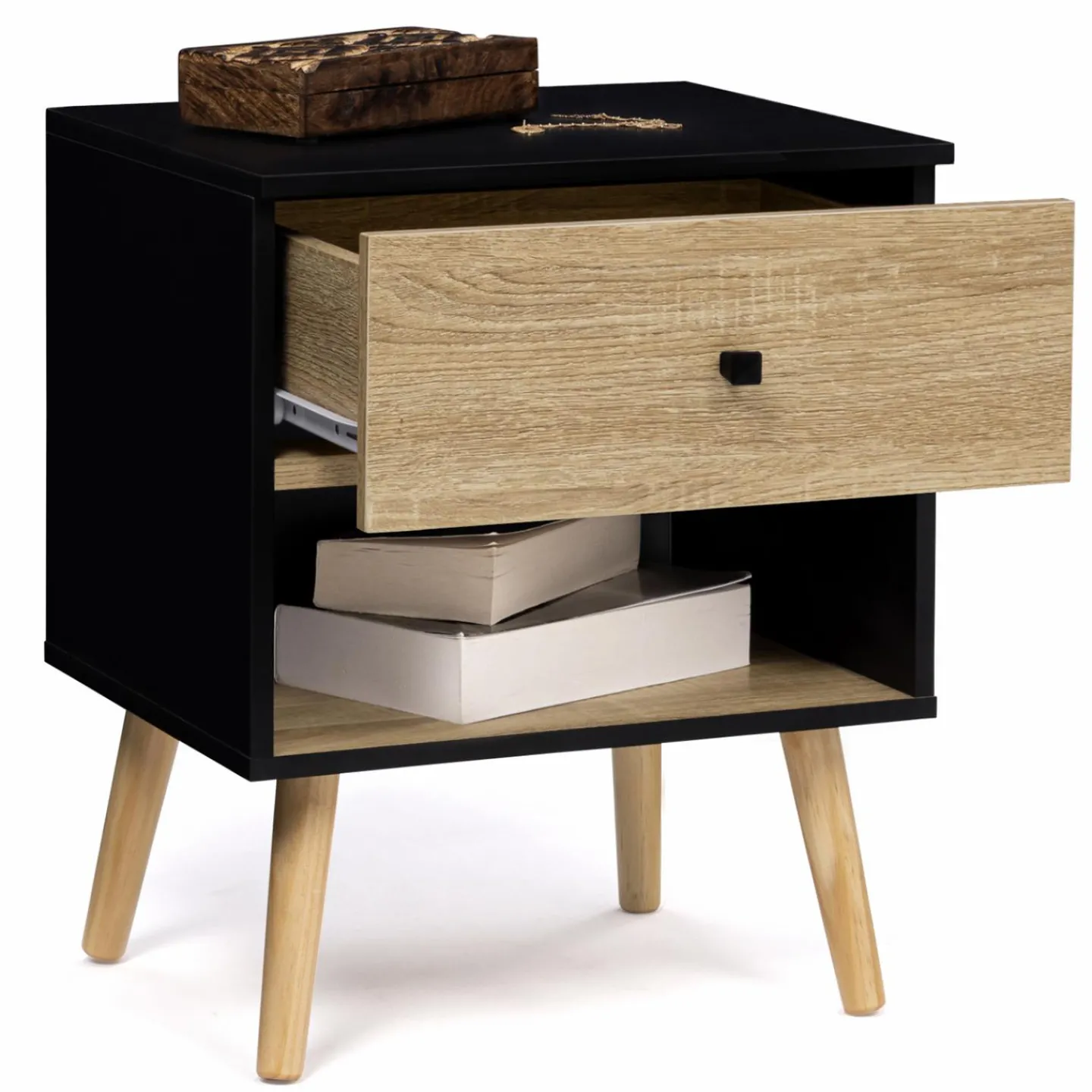 Lot de 2 tables de chevet scandinaves bois et noir 1 tiroir*IDMarket