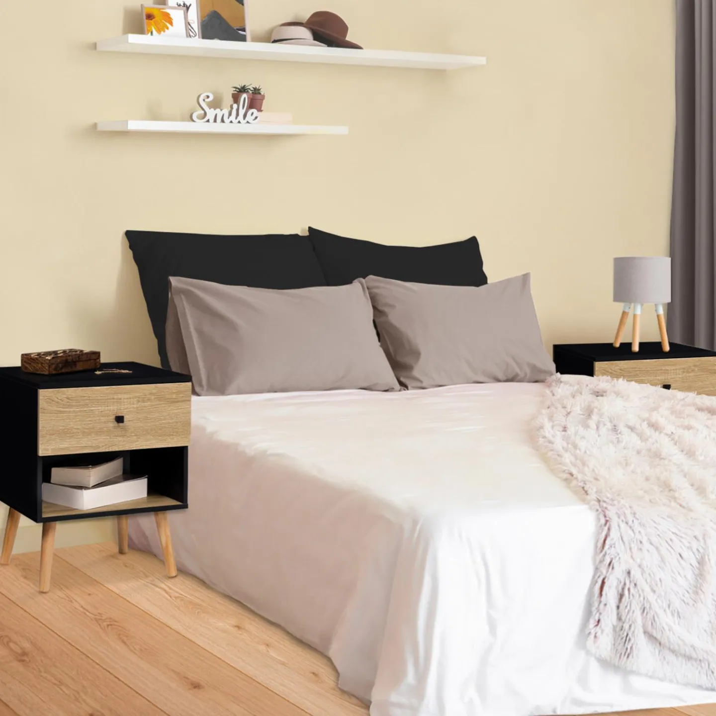 Lot de 2 tables de chevet scandinaves bois et noir 1 tiroir*IDMarket