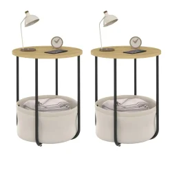 Lot de 2 tables de chevet, d'appoint, bout de canapé rondes avec panier en tissu*IDMarket Outlet