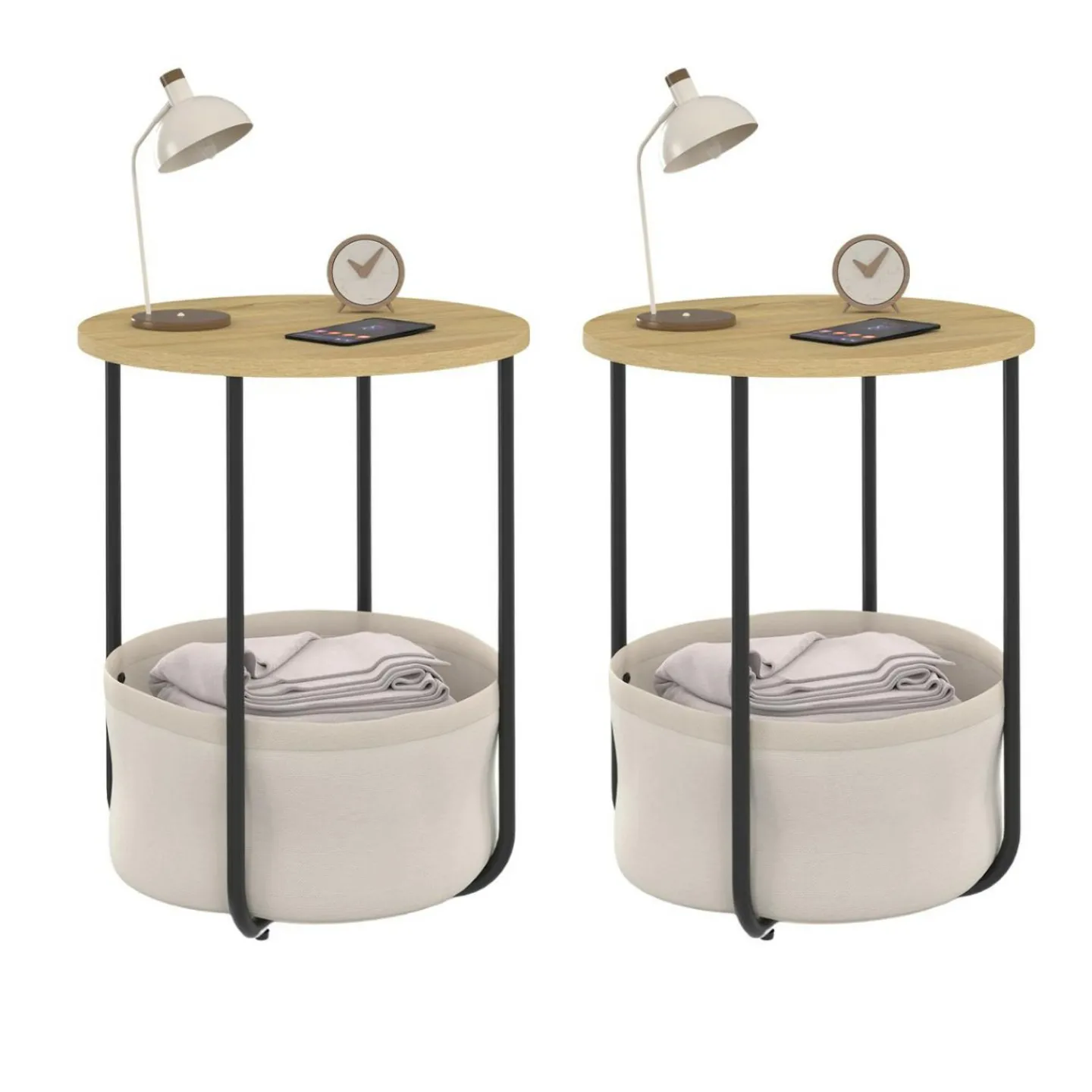 Lot de 2 tables de chevet, d'appoint, bout de canapé rondes avec panier en tissu*IDMarket Outlet