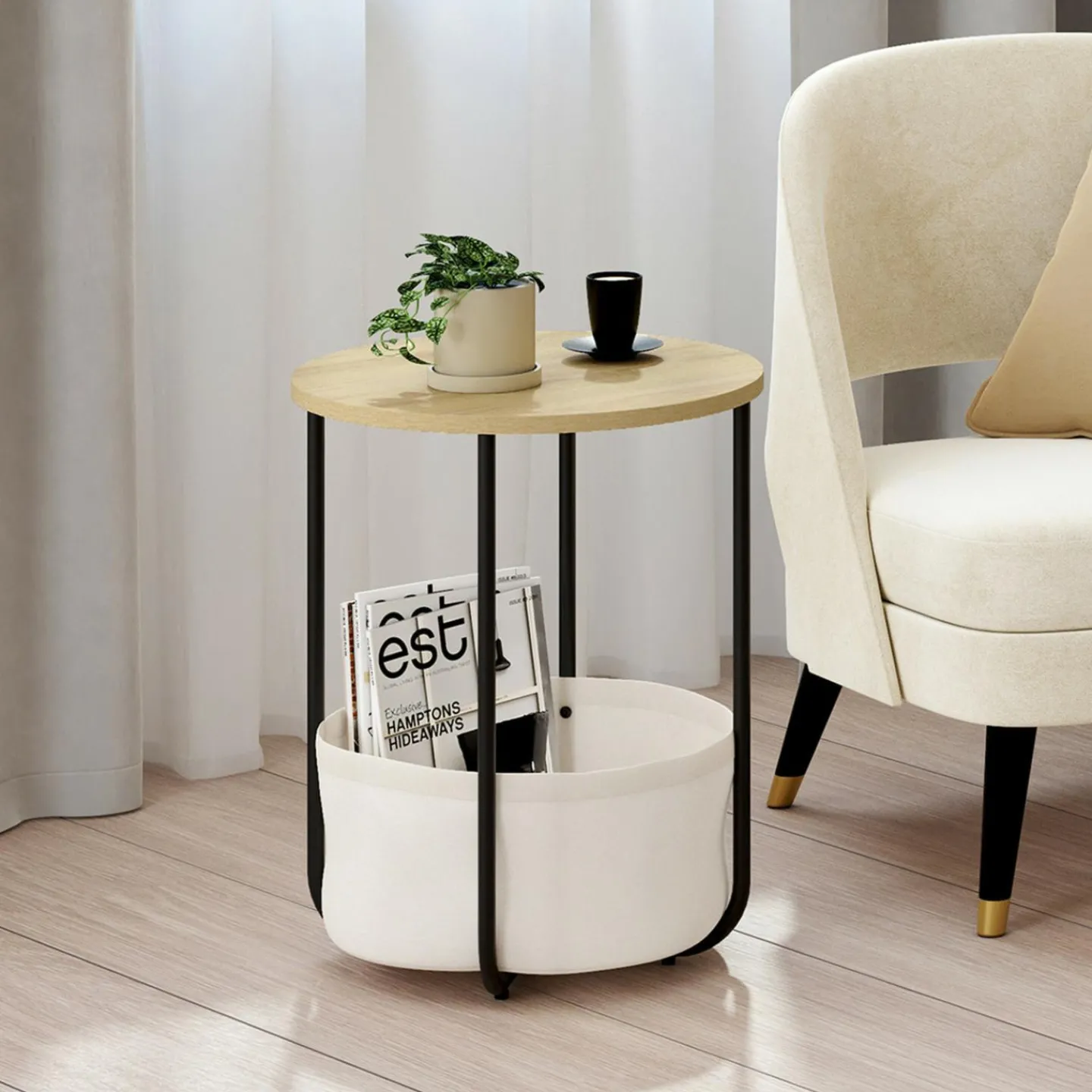 Lot de 2 tables de chevet, d'appoint, bout de canapé rondes avec panier en tissu*IDMarket Outlet